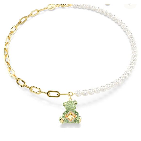 Swarovski Teddy pendant Crystal pearl, Bear, Green, Gold-tone plated*New in box - Picture 1 of 3